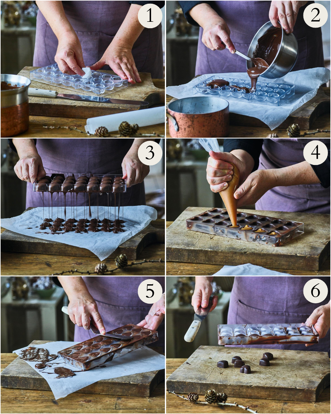 Trin for trin-billeder af hvordan du laver fyldte chokolader. 