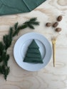 Fin, grøn serviet foldet som et juletræ 