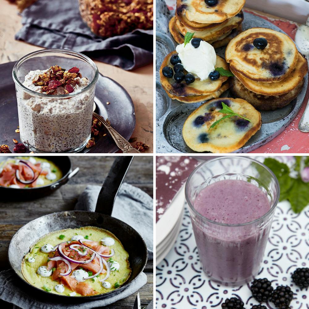Ideer til brunch med chiagrød, omelet, amerikanske pandekager og smoothie