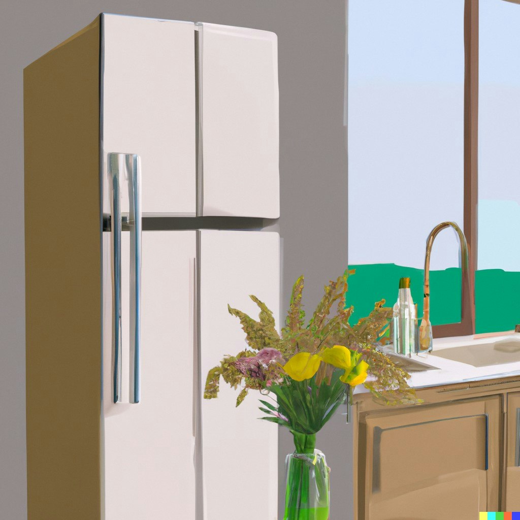 Illustration af køkken med køleskab, håndvask og blomsterbuket