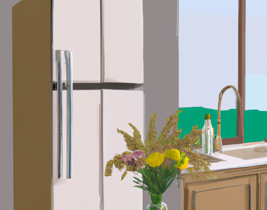 Illustration af køkken med køleskab, håndvask og blomsterbuket