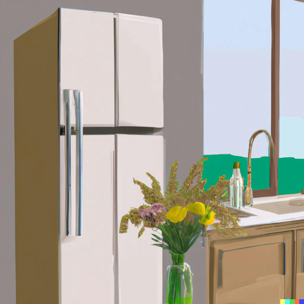 tegnet køkken i beige med køleskab.