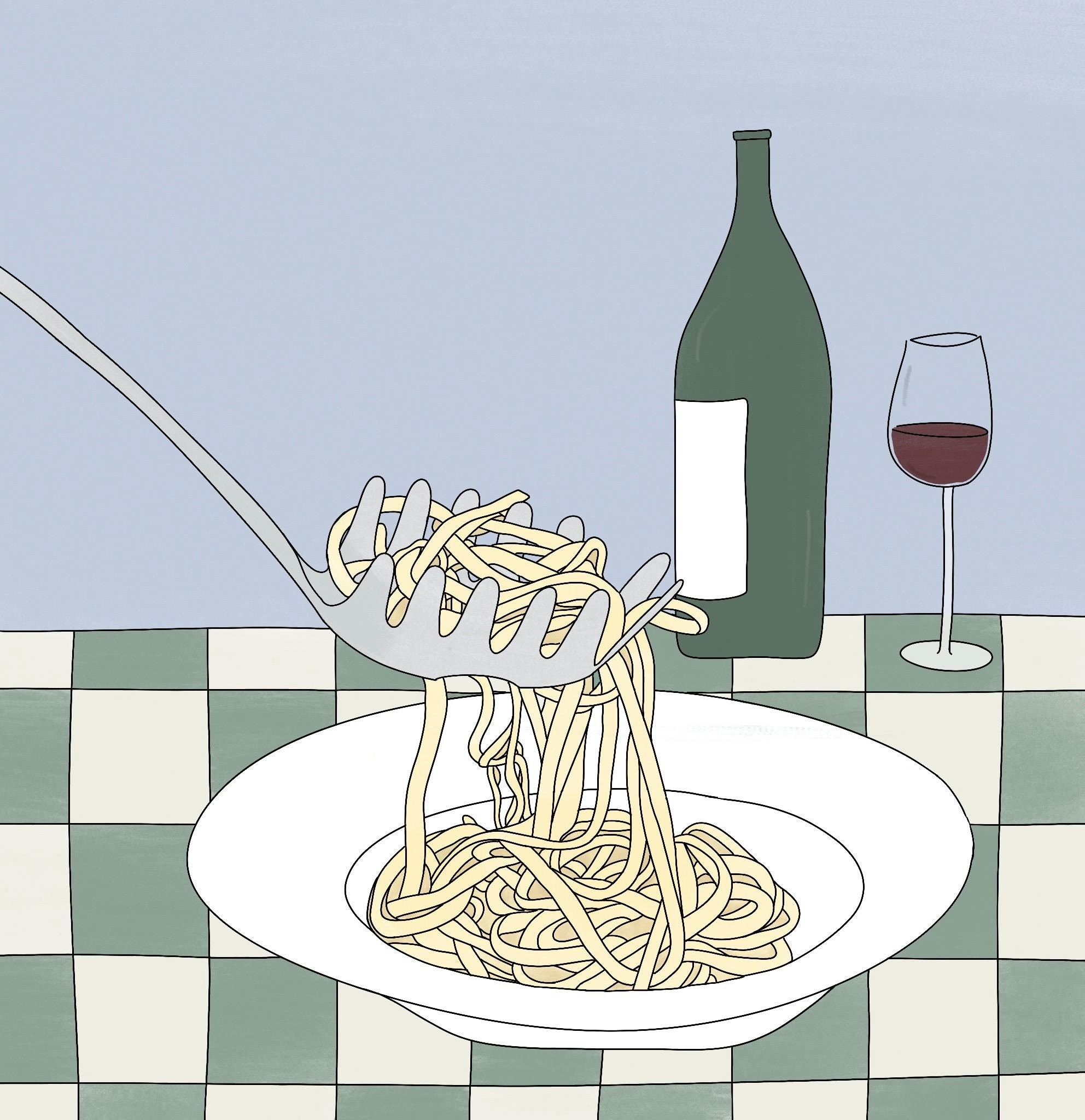 Pastaske med hul, spaghetti og rødvin