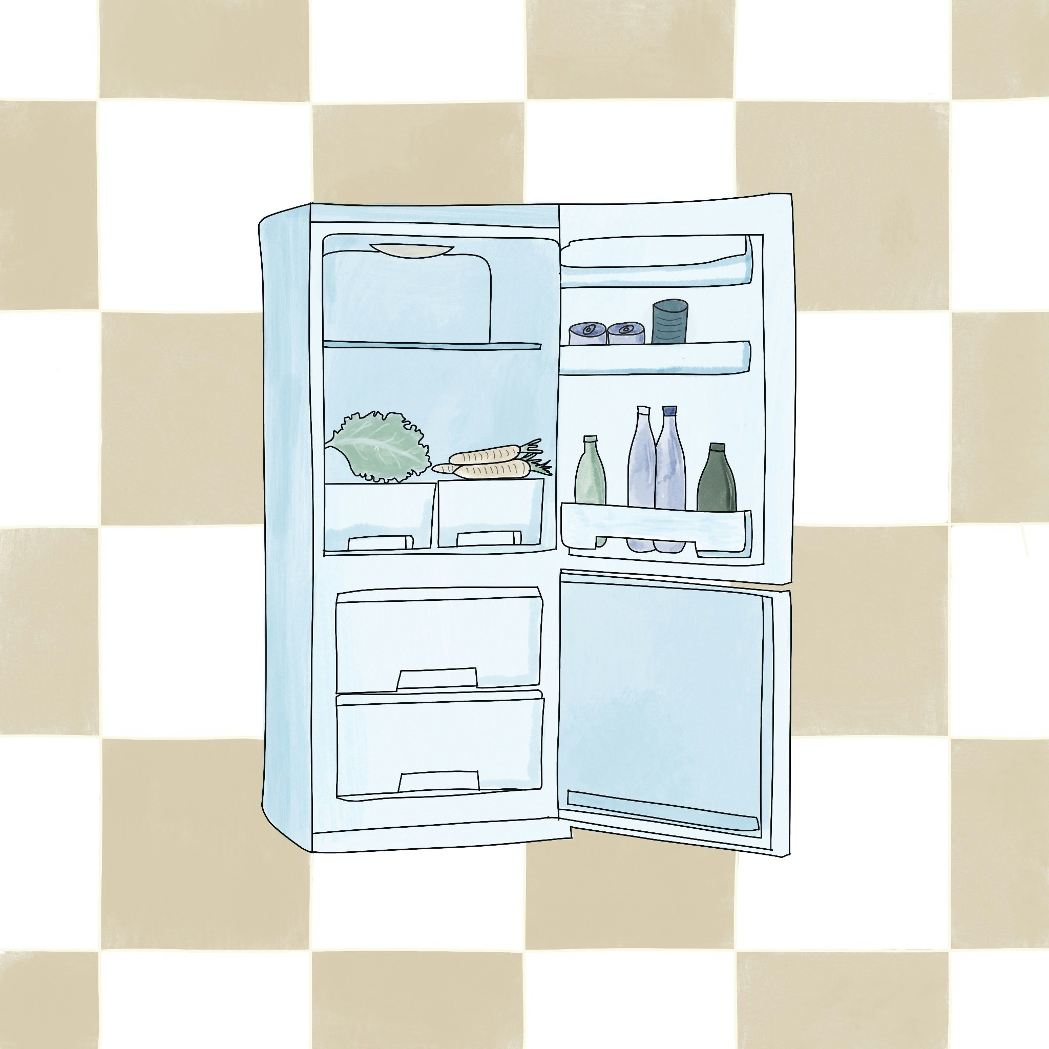 Illustration af organiseret køleskab