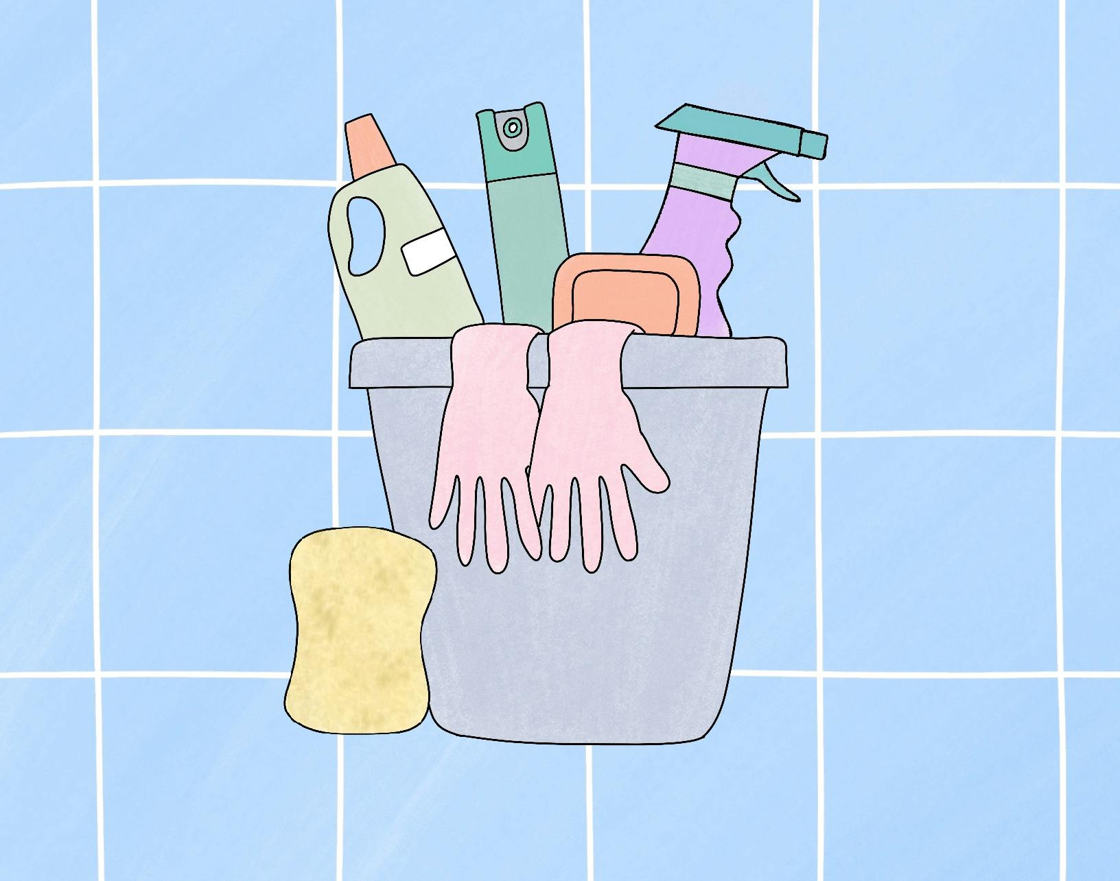 Illustration af rengøringsartikler i spand