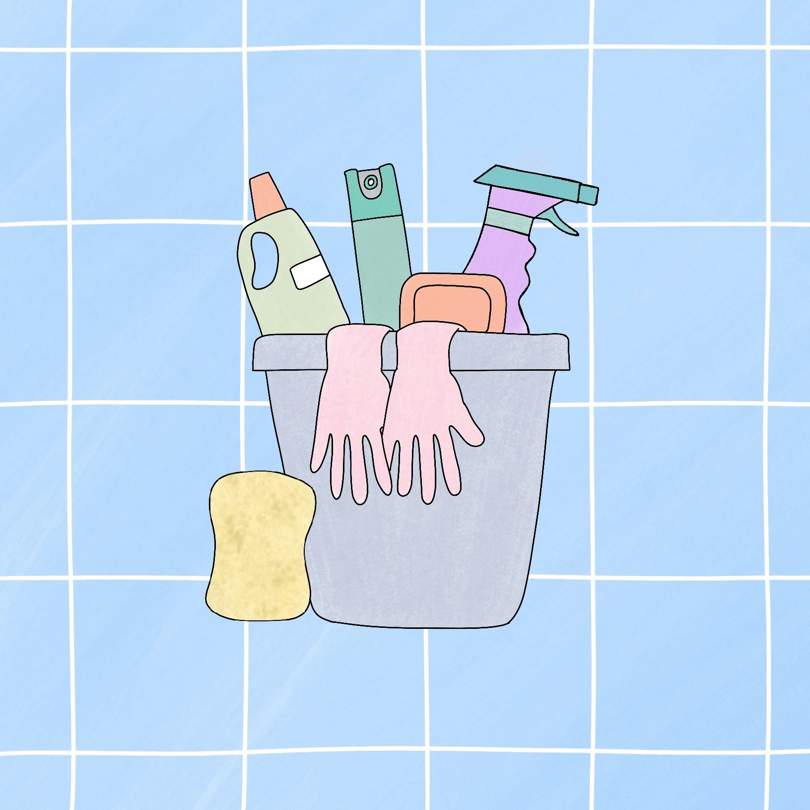 Illustration af rengøringsartikler i spand