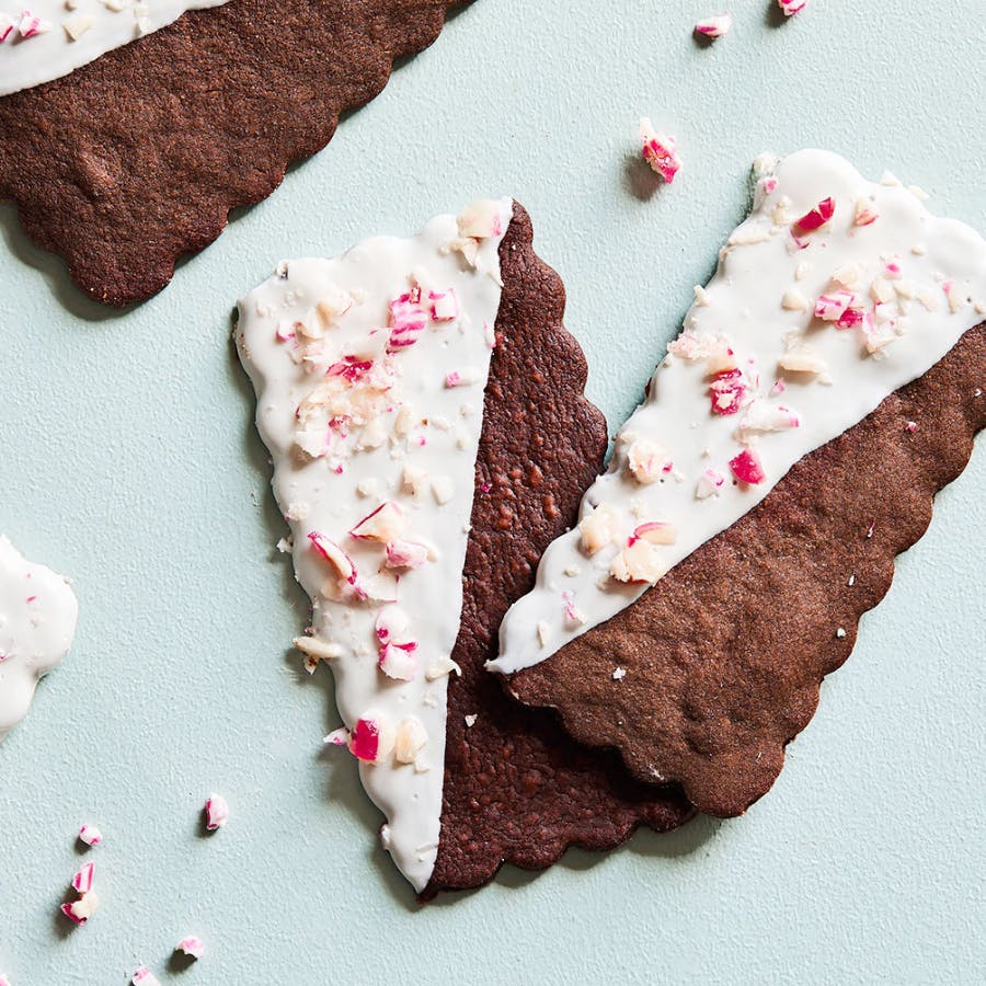 Kakaosmåkager med hvid chokolade og pebermynte