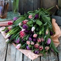 Buket af farverige, men slatne tulipaner på blomsterbinders bord
