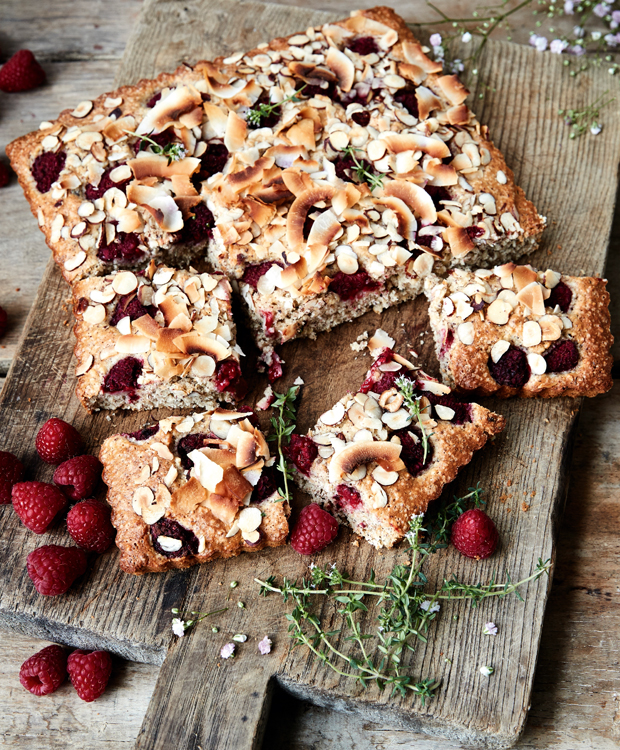 Hindbærtærte med hasselnødder og kokosflager