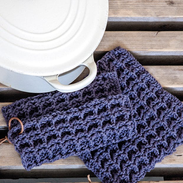 Hæklede grydelapper i vaffelmønster