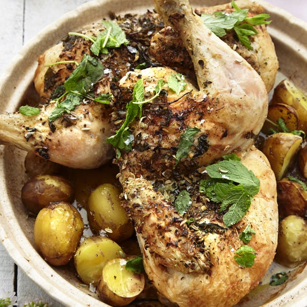 Pikant kylling i fad med kartofler og grønt